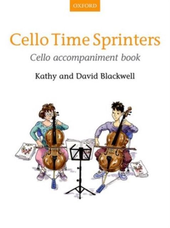 Livre 'Cello Time Sprinters Cello accompaniment book' avec illustration de deux enfants jouant du violoncelle.
