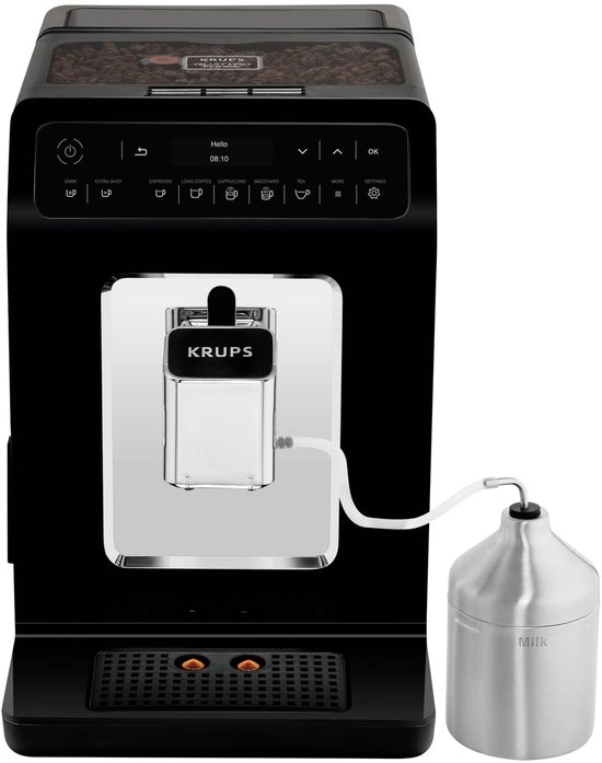 Zwarte Krups volautomatische espressomachine met melkreservoir en de tekst 'Your drinks are ready'.