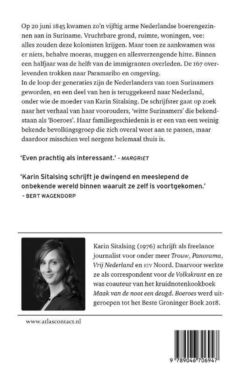 Karin Sitalsing, auteur van 'Boeroes', met een bruine jas en bril. Ze kijkt recht vooruit.
