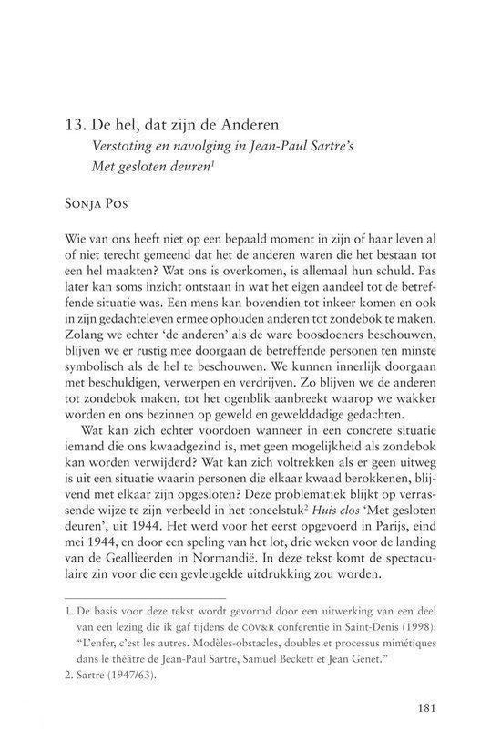 Titelpagina met artikel '13. De hel, dat zijn de Anderen' door Sonja Pos, met voetnoot.