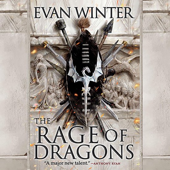 Boekomslag van The Rage of Dragons door Evan Winter met een zwart schild, speren en een zilveren draak.