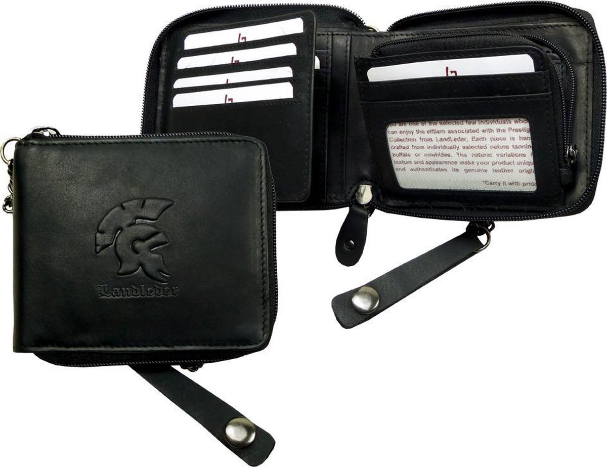 Landleder - Luxe Nubuck Lederen “Bikers Wallet “- Zipper - Portemonnee - Afmeting 13 x 11 cm. - Zwart