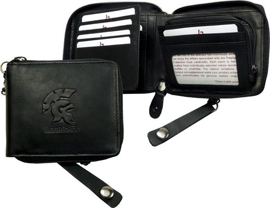 Landleder Luxe Nubuck Lederen “Bikers Wallet “- Zipper - Portemonnee - Afm. 13 x 11 cm. - Zwart