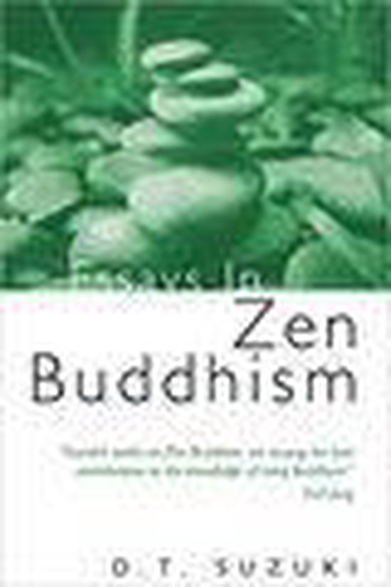 Boek met gestapelde stenen, met de titel 'Essays in Zen Buddhism'.