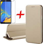 Samsung Galaxy A7 (2018) Case TPU Wallet Book Case with Card Holder Gold + Screen Protector Tempered Glass - Cover by iCall