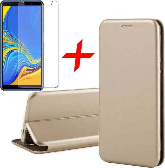 Samsung Galaxy A7 (2018) Hoesje TPU Wallet Book Case met Pasjeshouder Goud + Screenprotector Gehard Glas - Cover van iCall
