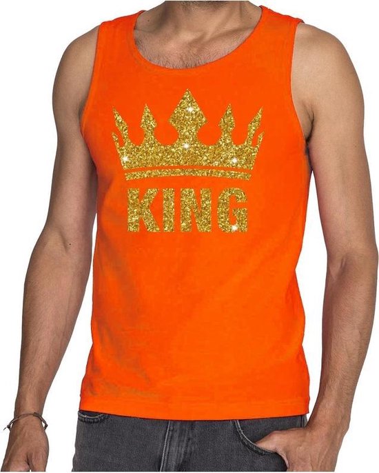 Oranje King gouden glitter kroon tanktop/hemd - mouwloos shirt heren - Oranje Koningsdag kleding S