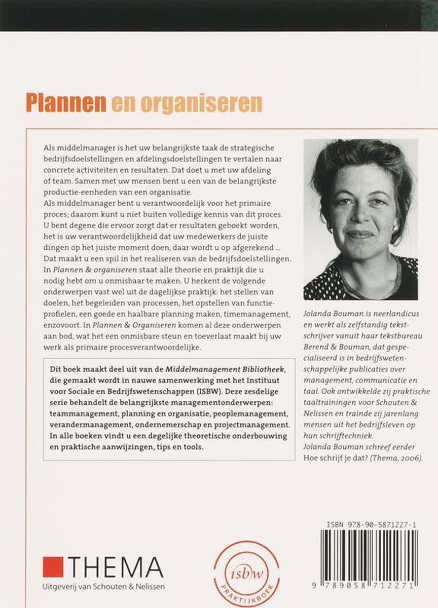 Boekomslag achterkant met portret van Jolanda Bouman, tekst en ISBN.