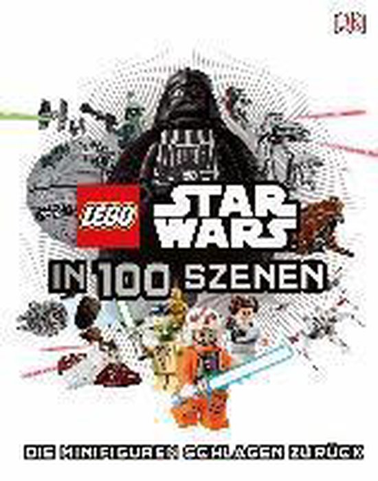 Boekomslag met LEGO Darth Vader, Luke Skywalker, C-3PO, R2-D2 en Star Wars ruimteschepen. "LEGO Star Wars in 100 Scènes"