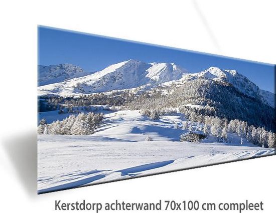 Kerstdorp achtergrond- 70x100 cm - display achterwand - sneeuwlandschap met berghut - kerst decoratie