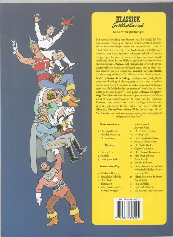 Klassiek Geïllustreerd, W. Shakespeare, Hamlet. Een stapel mannen die personages uit Hamlet uitbeelden. Onderin een lijst met verhalen.