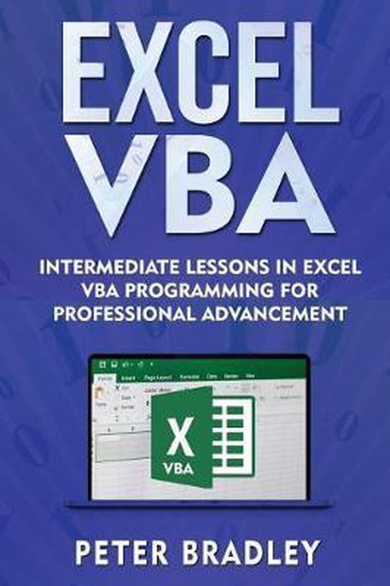 Boekomslag met "EXCEL VBA" en "INTERMEDIATE LESSONS IN EXCEL VBA PROGRAMMING FOR PROFESSIONAL ADVANCEMENT" in witte letters op een blauwe achtergrond. Een laptop toont het Excel VBA-logo.