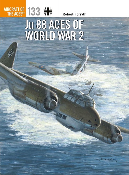 Boekomslag: Boek Ju 88 Aces of World War 2, met een schilderij van een JU 88 vliegtuig dat uit het water stijgt, met een ander neergestort vliegtuig op de achtergrond.