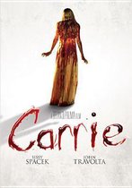 Carrie: Een vrouw in een bloederige, lange jurk, met de titel 'Carrie' geschreven in bloed.