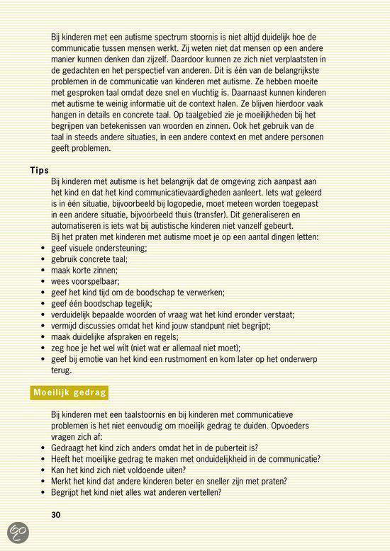 Pagina uit een boek met informatie over autisme en communicatie, tips en moeilijke gedragingen.