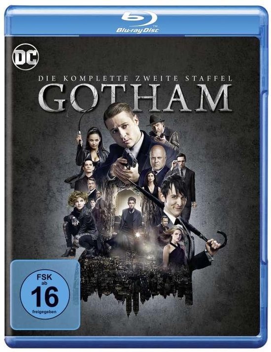 Blu-ray hoes voor Gotham Seizoen 2, met de cast in een collage en de tekst 'Die komplette zweite Staffel Gotham'.