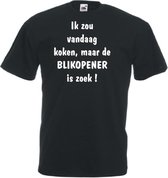Mijncadeautje Unisex T-shirt zwart (maat M) Ik zou koken maar de blikopener is zoek