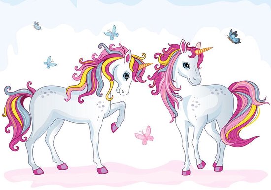 Fotobehang met 2 Unicorns XXL – kinderkamer – posterbehang – behang eenhoorns - 368 x 254 cm – roze