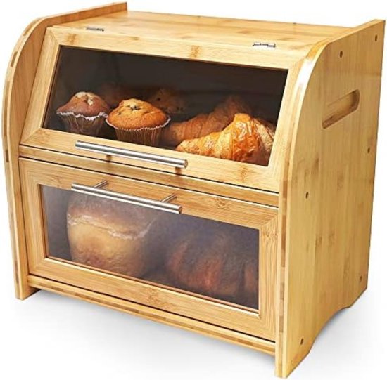 TQVAI Bamboo Bread Box for Kitchen Counter Dobule Layer Roll Top Bread Storage Container with Silverware Basket - Can Use as 2 Individual Bread Bin - Assembly Required, Retro Brown