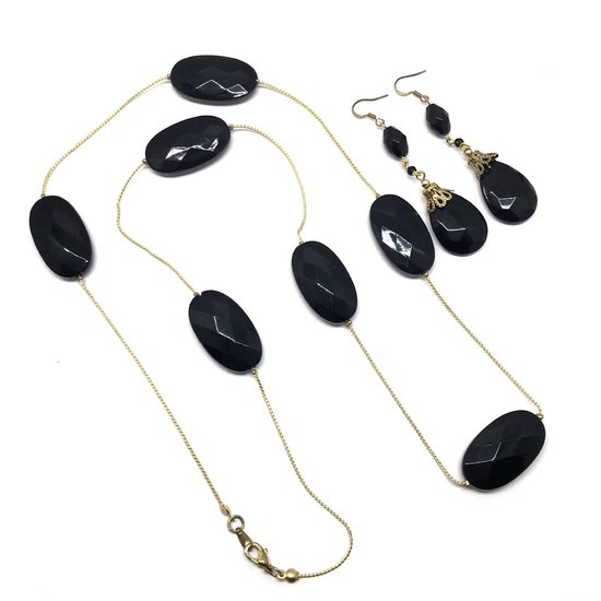 Ensemble de bijoux Behave - collier et boucles d'oreilles - noir - couleur or - sautoir - boucles d'oreilles - 2 pièces