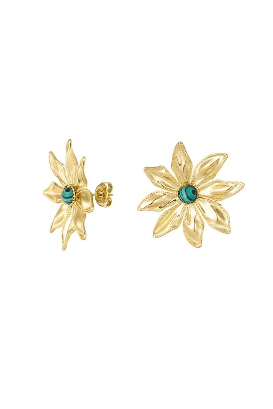 Yehwang - oorbellen - flower - bloem - goud - gold - stainless steel - groene steen