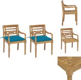 vidaXL Chaises de jardin Batavia - Bois - Bois de teck - Résistant aux intempéries - Coussin bleu clair - 55x51,5x84 cm - Set de 2 - Chaise de jardin