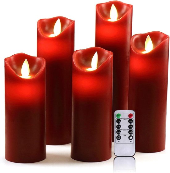 Elektrische kaarsen - LED Kaarsen - Kerstmis Kaarsen - Kaarsen - 300 Uur Decoratieve Kaarsen - Zuilen in 5-delige set (10,2 cm 12,7 cm 15,2 cm, 17,8 cm, 20,3 cm) Rood