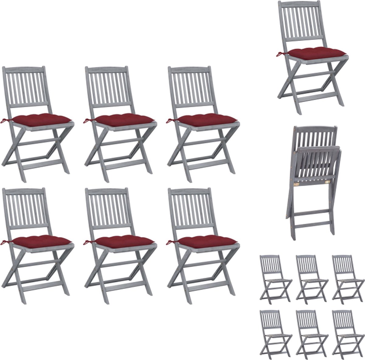 VidaXL Klapstoelen Massief acaciahout Greywash 6x zitkussen Wijnrood Tuinstoel