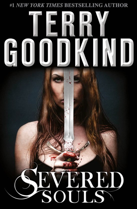 Boekomslag 'Severed Souls' van Terry Goodkind met een vrouw met een zwaard voor haar gezicht.