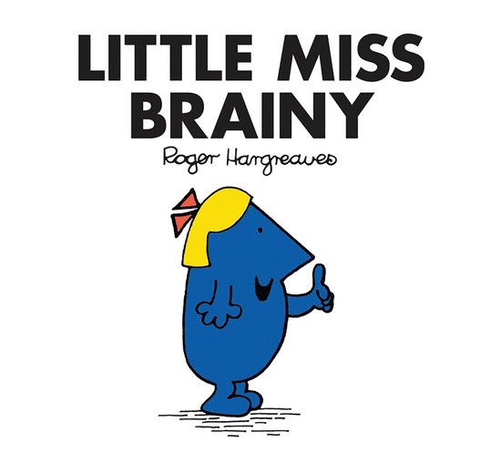 Little Miss Brainy met een blonde bob en een strik, geeft een duim omhoog. De tekst zegt 'Little Miss Brainy' en 'Roger Hargreaves'.