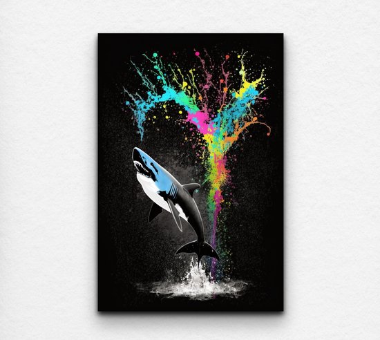 banksy - glasschilderij haai - glasschilderij banksy - glasschilderij kleurrijk - glasschilderijen - banksy art - 100 x 150 cm 5mm