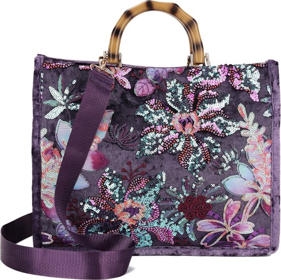 Sac à main floral à paillettes pour femmes avec poignées en bambou - pochette à fleurs colorées - Sac à bandoulière Glitter Sequin - Violet