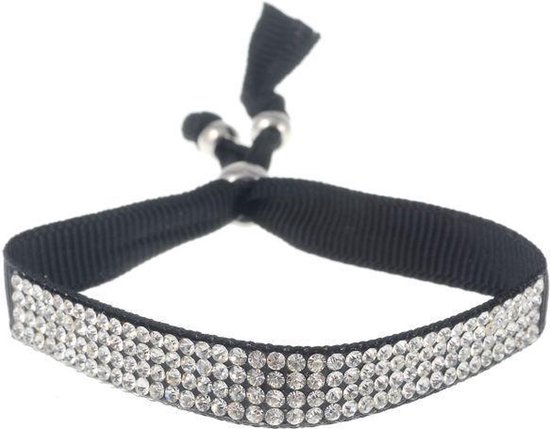 Behave - Armband - Zwart Lint met Transparante Strass Steentjes