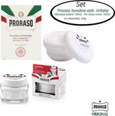 Proraso white pakket- Aftershavebalsem anti- irritatie , Pre Shave Crème en scheerzeep 150g in een practisch toilettasje