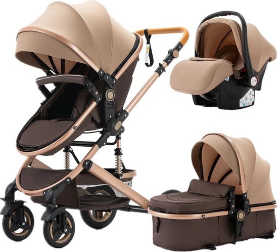 GoobiSales Luxe 3-in-1 Kinderwagen - Draagbaar, Opvouwbaar, met Vering - Aluminium Frame - Inclusief Autostoel - Kwalitatieve Buggy voor Pasgeboren Baby - Luxe Multifunctionele Combi Kinderwagen - Khaki