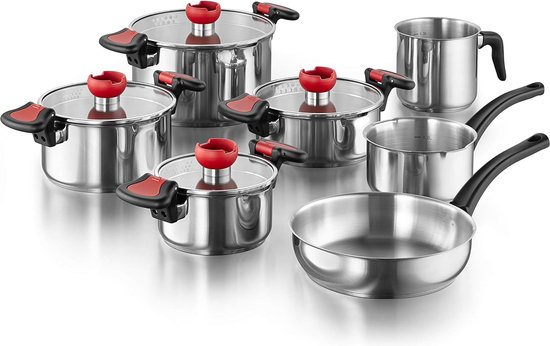 Lot de 10 casseroles et poêles en acier inoxydable antiadhésives,  casseroles et poêles à induction, ensemble de cuisine avec couvercles en  verre