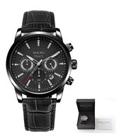 Horloge Zwart leer - Leren horloges van Mauro Vinci - Zwart staal - met Leren geschenkdoos