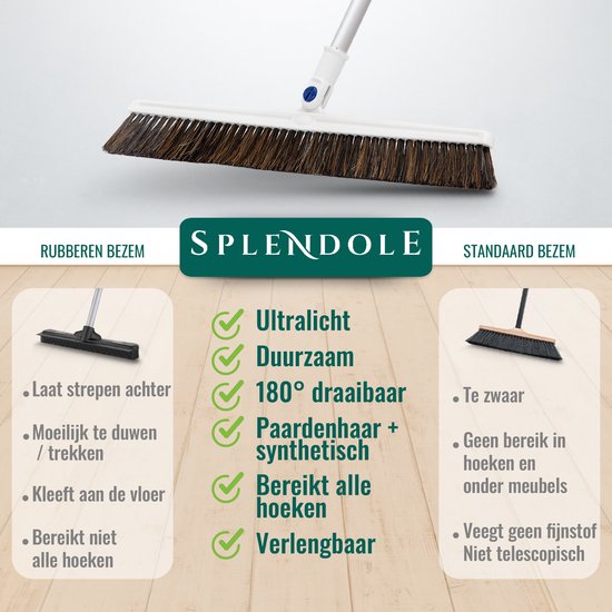 Splendole® Bezem binnen met telescoopsteel - Bezem - Kamerveger - premium bezem met steel - 45 cm breed - ultralicht - Zachte Paardenhaar van splendole — afbeelding 3