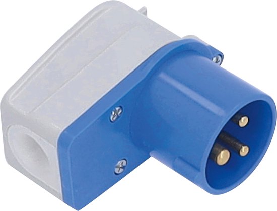 Haakse CEE-stekker, blauw met grijs, 3 pinnen zichtbaar.