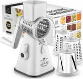 Rotating Cheese Grater with Improved Reinforced Suction - Round Cheese Grater with 3 Interchangeable Stainless Steel Drum Blades - Easy to Use and Clean - Vegetable Slicer & Nut Grinder (White)