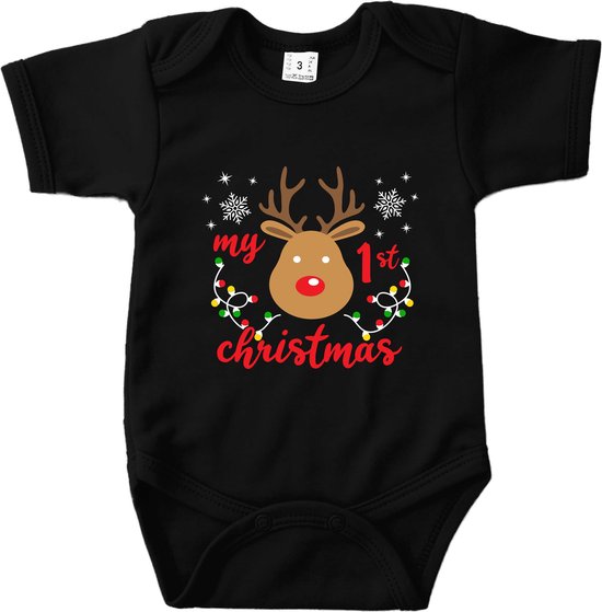 Logostar Schattige Kerst Romper met Rendier - My 1st Christmas - 100% Katoen - maat 68 - zwart