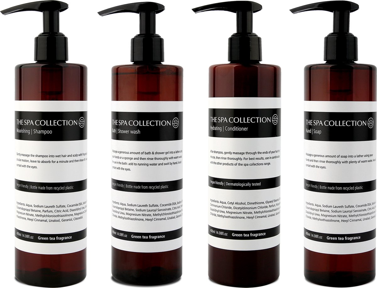 Goedkoopste The Spa Collection Green Tea - Shampoo Conditioner Handzeep Body Lotion - 400 ml pompfles - Set van 4 Stuks