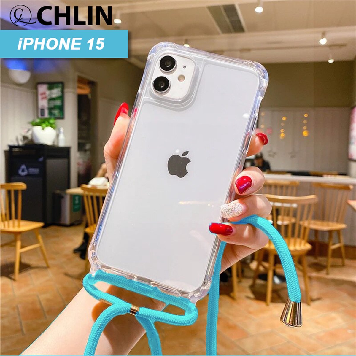 CL CHLIN® - iPhone 15 transparant hoesje met BLAUW koord - Hoesje met koord IPhone 15 - iPhone 15 case - iPhone 15 hoes - iphone hoesje met cord - iPhone 15 bescherming - iPhone 15 protector