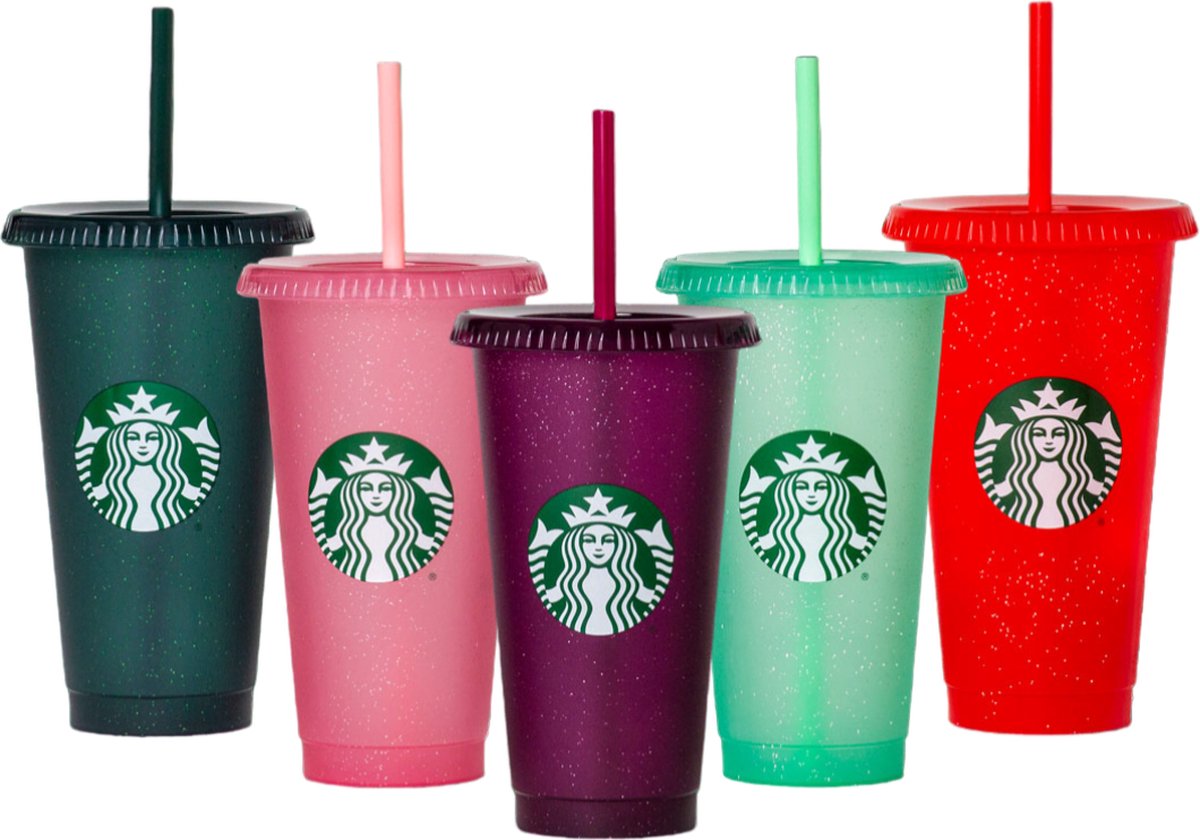 Starbucks Beker - 5x Drinkbeker - Holiday Cups - Met Rietje en Deksel - Glitter Cup - Color Tumbler - Herbruikbaar- ijskoffie beker - Milkshake beker - Limited Edition