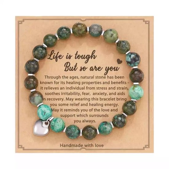 Bracelet turquoise africain Bixorp Gems sur carte cadeau – «La Life est dure mais vous aussi ! - Avec pendentif cœur argenté - Bracelets de perles de pierres précieuses avec Perles de 8 mm - 18 cm