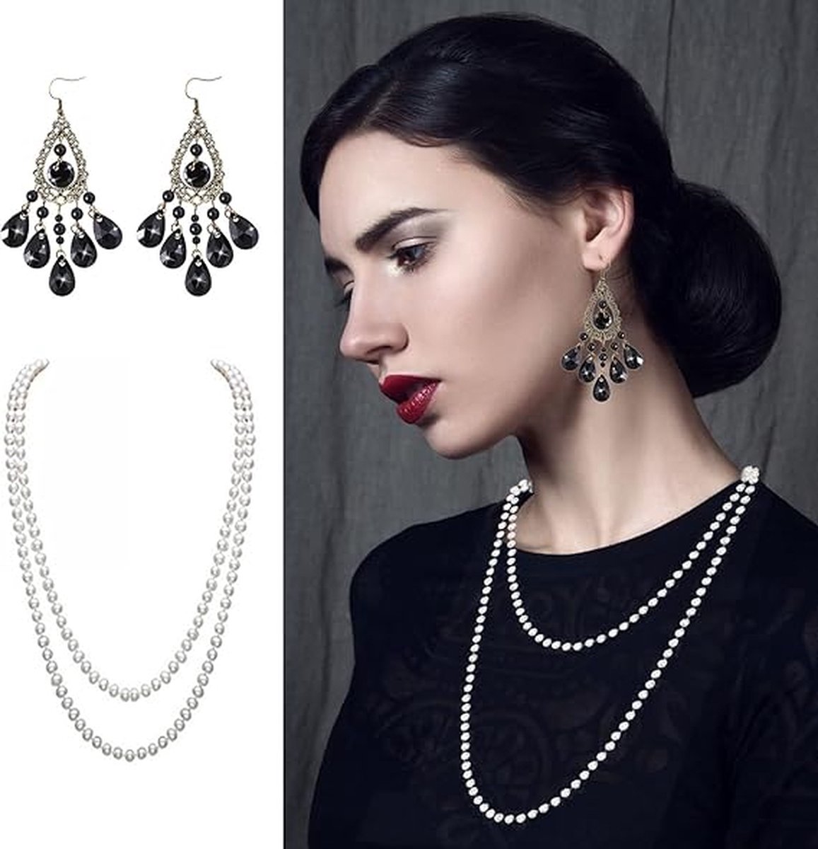 1920s Gatsby accessoires Set, brullende jaren 20 kostuum flapper hoofdband accessoires voor vrouwen hoofddeksel ketting oorbellen handschoenen zwarte houder | NL