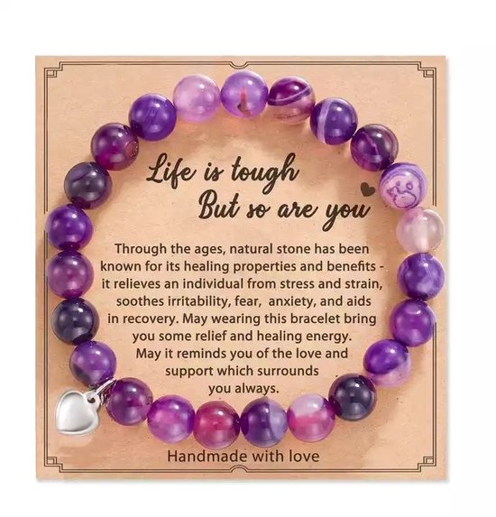 Foto: Bixorp gems heide agaat armband op cadeau kaartje life is tough but so are you met zilverkleurig hartje hanger edelsteen kralenarmband met 8mm kralen 18cm