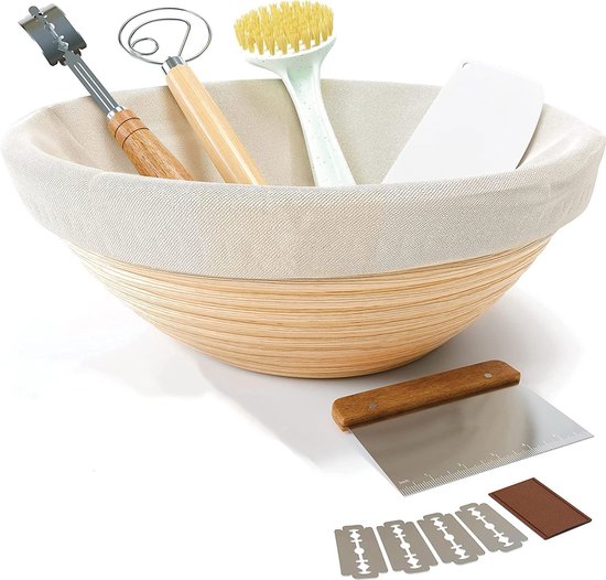 Bondoo Rijsmandje Ø 23 cm - Broodbakken - Banneton - Rijsmandje Brood - Rijsmand Rond - Zuurdesem starter set - incl Deegkleed - Deegmesje - RVS Deegschraper - Plastic Deegschraper - Deegklopper - Borstel - Sinterklaas cadeau