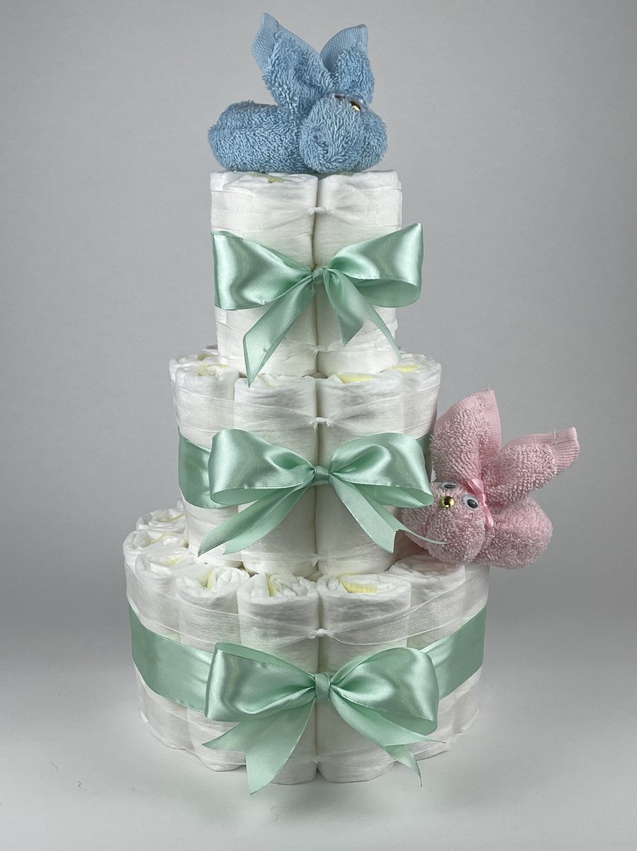 Goedkoopste Chouette-Chouette | Luiertaart Tweeling | Kraamcadeau | Geboorte Jongen Meisje | Babyshower | Konijnen Roze - licht Blauw - Groen