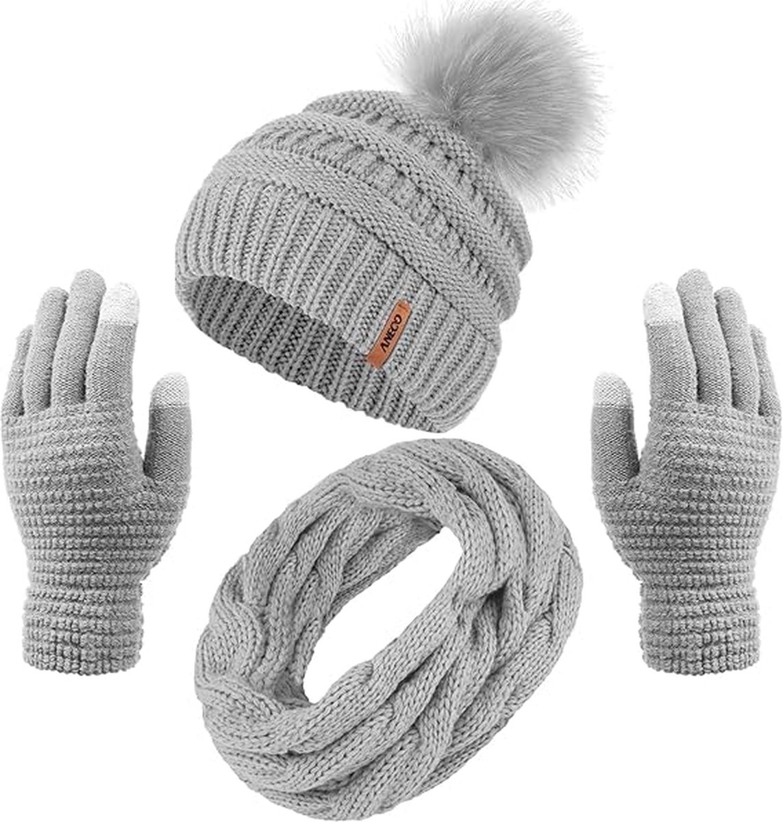 Winterset 3-delig - Lichtgrijs - Muts met pom pom, ronde sjaal, touchscreen handschoenen - 3 stuks - One-size - Black Friday 2023 - Kerstcadeau